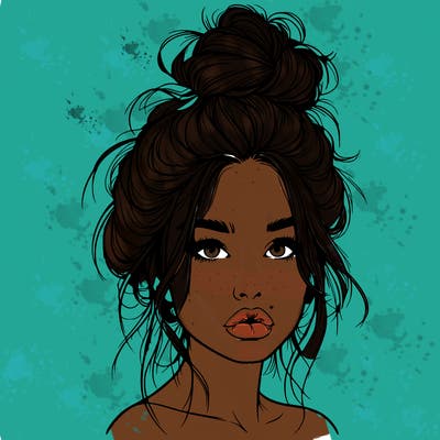 realistic girl with a messy bun and she has lips