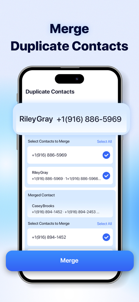 Deep Cleaner: Clean Your Phone - Écran de smartphone montrant la fonction de fusion des contacts en double dans l'application Deep Cleaner