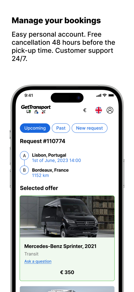 GetTransport mobile app screen for managing bookings showing a transit request and selected vehicle offer