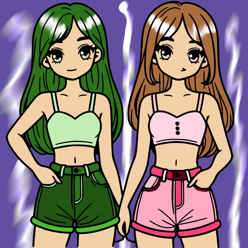 two sisters with crop tops and jean shorts and straight hair
