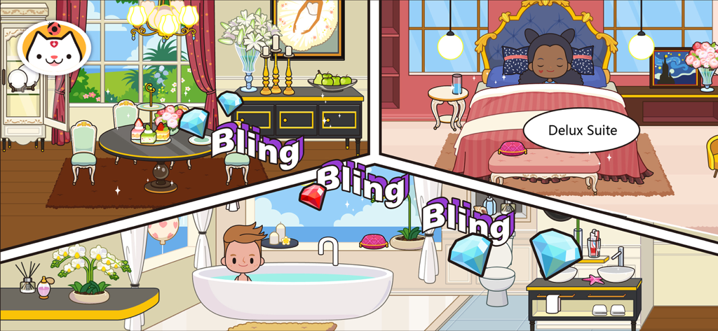 Miga Town: My Vacation - Gameplay scenes of the deluxe suite including a dining area bedroom and bathroom in Miga Town My Vacation