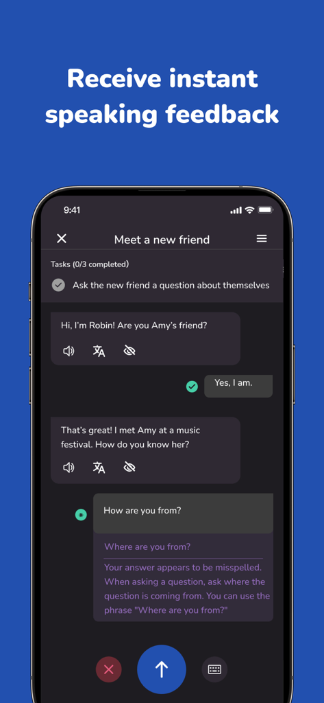Voca AI app interface showing instant feedback on a conversation for language learning.
