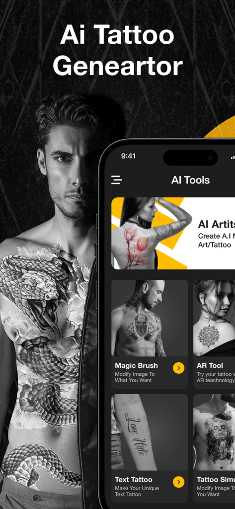 Ai Tattoo Designer Maker - Interfaz de la aplicación móvil Creador de Diseños de Tatuajes IA que muestra herramientas como Pincel Mágico y prueba virtual AR para diseños de arte corporal.