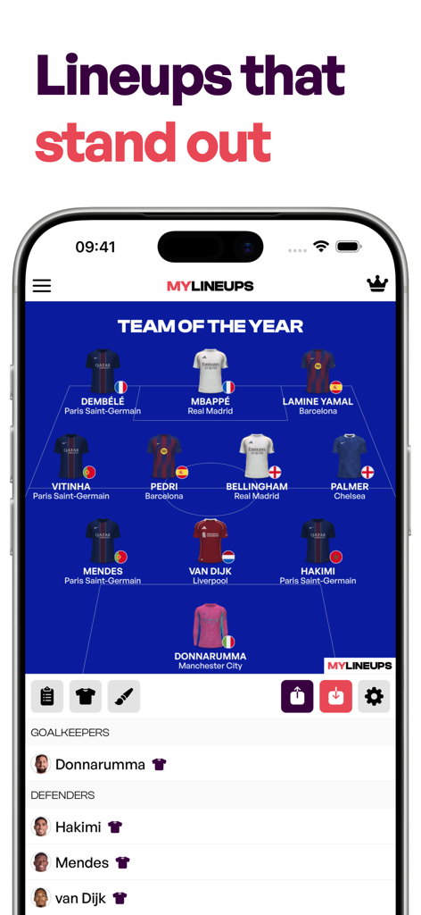 Lineup Builder - MyLineups - A soccer lineup builder app interface displaying a Team of the Year formation with world class players