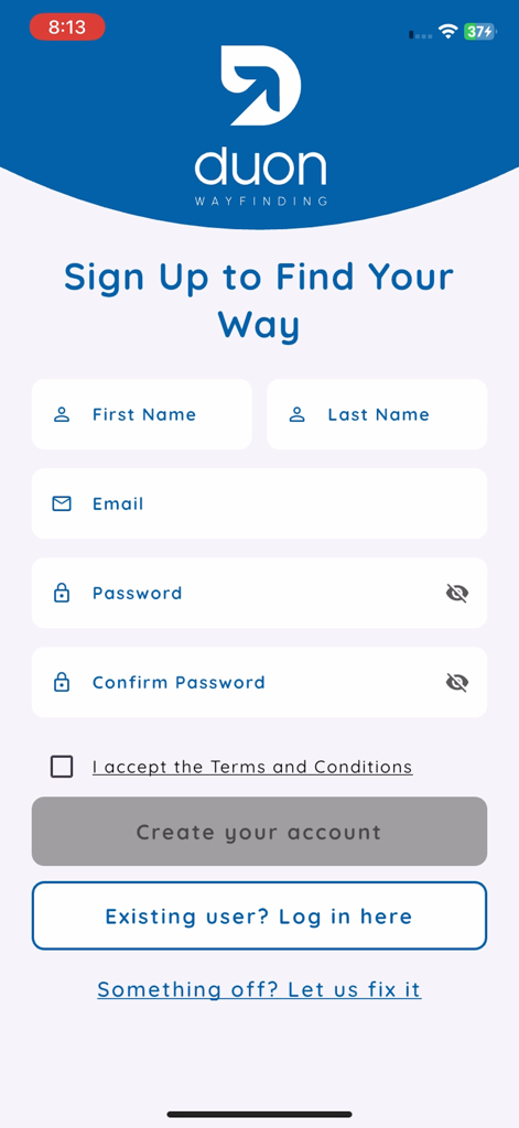 Sign up screen for the Duon wayfinding and indoor navigation app