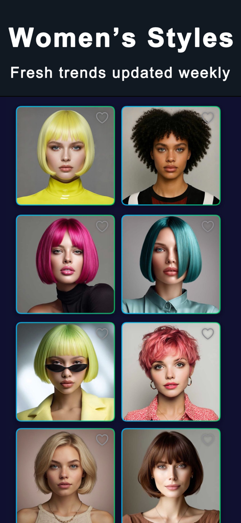 A grid of eight women showcasing diverse AI generated hairstyles and hair colors in a style preview gallery