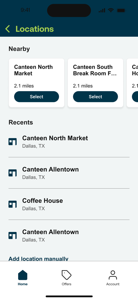 Connect & Pay - Der Bildschirm mit den Standorten der Connect and Pay App zeigt nahegelegene Canteen-Märkte und Cafés