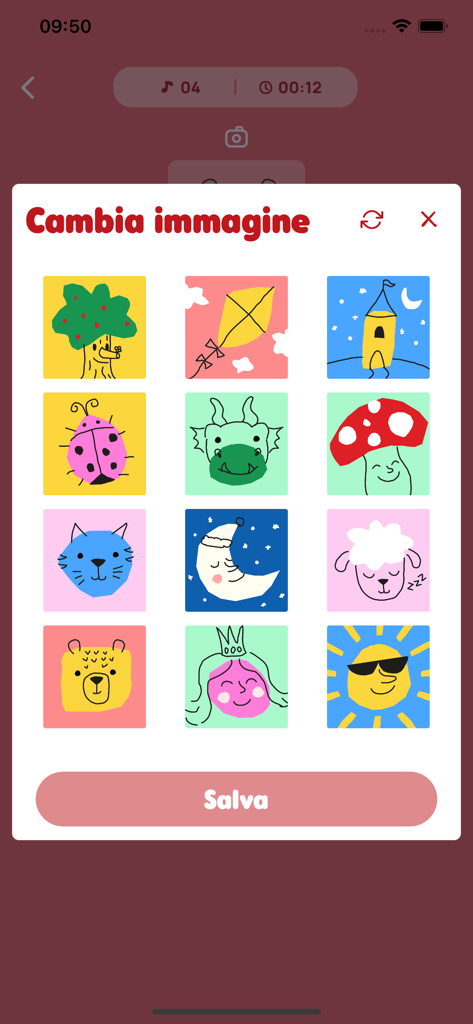 Grid of colorful illustrated icons for personalizing a child profile in the MyFaba app