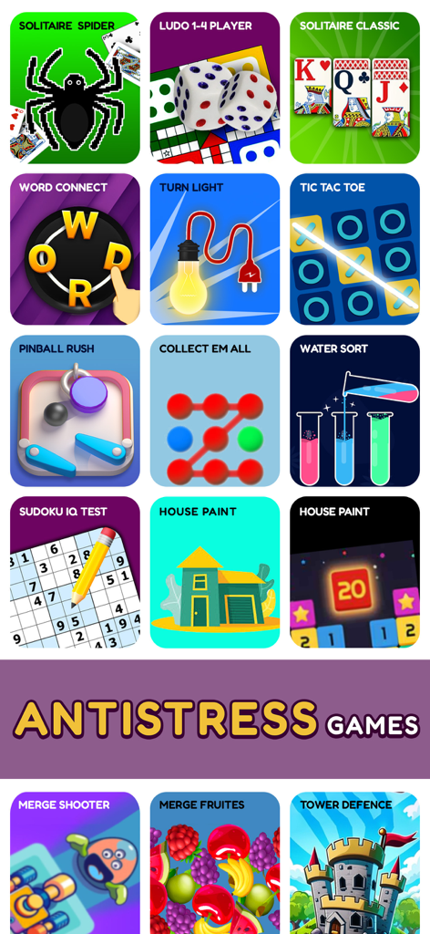Mini Games: 100+ Offline Games - Una cuadrícula de varios iconos de minijuegos casuales, incluyendo Solitario Ludo y Puzzles, bajo el título Antistress Games