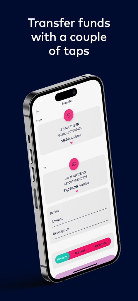 Bank of us - Mobile screen of Bank of us app showing the transfer funds interface with pay now and recurring options