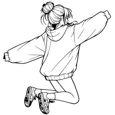 realistic girl jumping with a bun and oversized sweatshirt