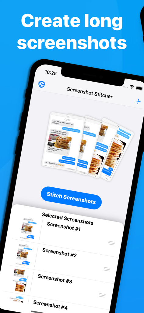 Automatic Screenshot Stitcher - iPhone app interface showing the process of stitching multiple chat screenshots into one long image