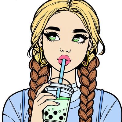 realistic girl with braided hair drinking boba