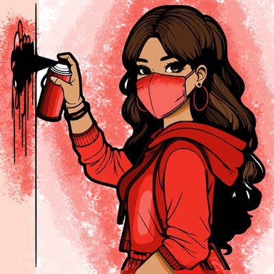 realistic girl with mask spray painting a wall