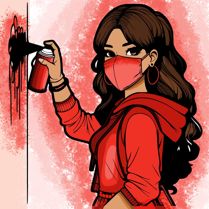 realistic girl with mask spray painting a wall