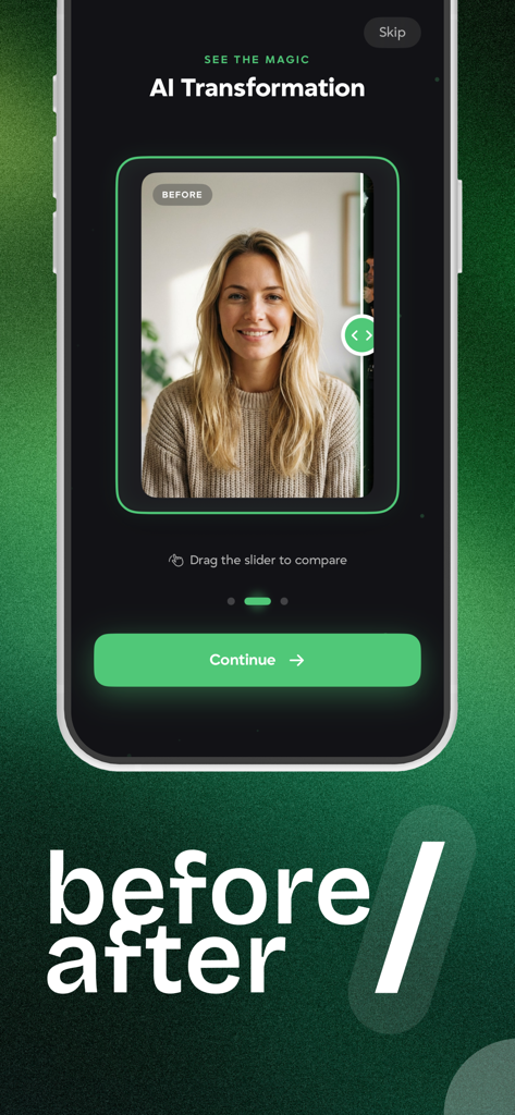 Prompt Market: AI Studio - Prompt Market app interface showing an AI transformation before and after comparison feature with a slider