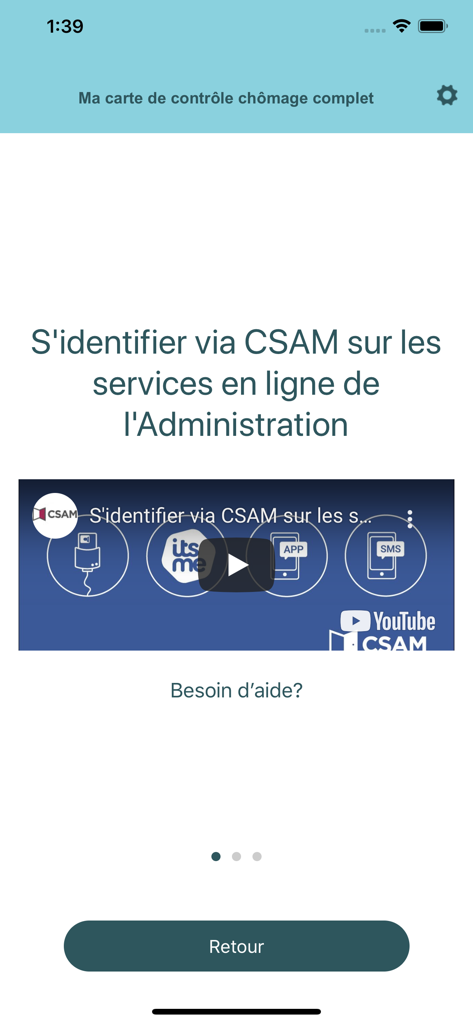 Identifikationsbildschirm der eC3-App für die belgische Arbeitslosenkontrolle, der Optionen zur Anmeldung über CSAM anzeigt