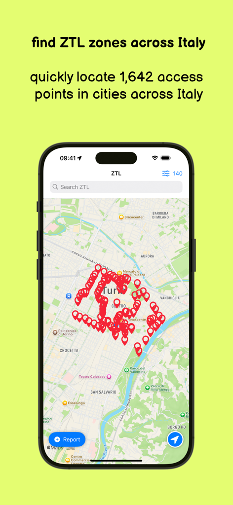 ZTL - iPhone screen showing a map of an Italian city with multiple red markers for ZTL entry points