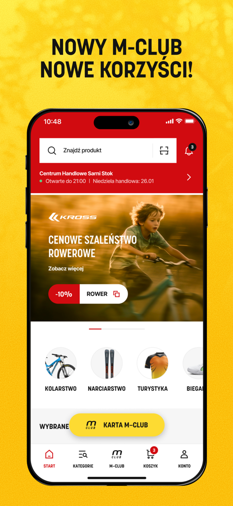 Martes Sport mobile app home screen showing sports product categories and M-Club membership