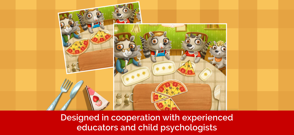 Learning Games for Toddlers AZ - A toddler learning game showing raccoons matching pizza slices at a dining table