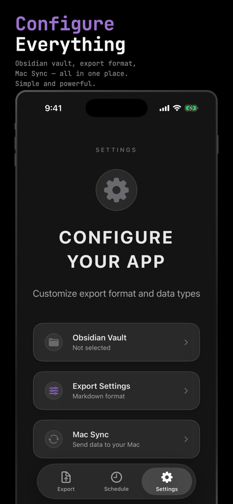 Settings interface of the Health.md app showing configuration options for Obsidian vault and data export formats
