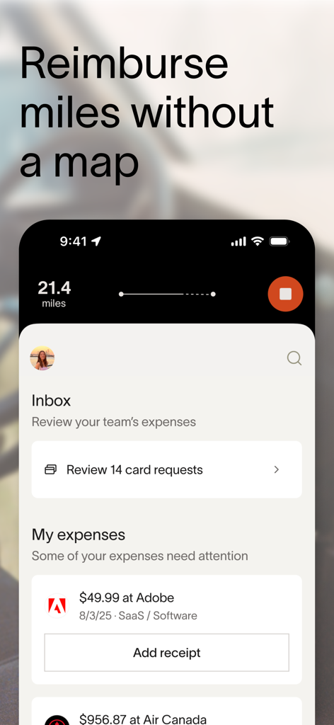Ramp Mobile App-Oberfläche, die Kilometerverfolgung und Ausgabenmanagementfunktionen für Geschäftsleute anzeigt