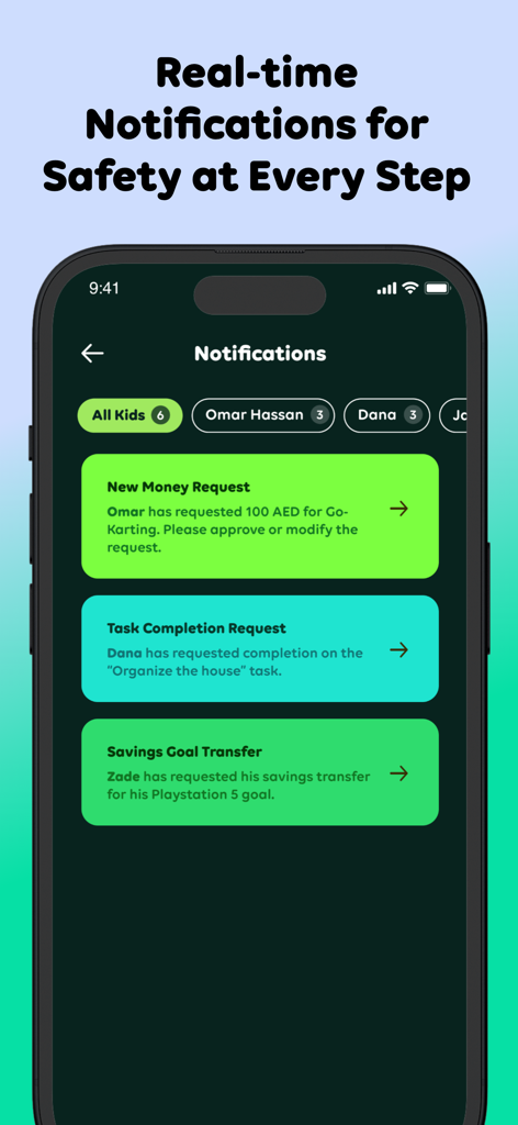 Leap - Youth Financial App - A smartphone displaying the notifications screen of the Leap app showing money and task requests from children.