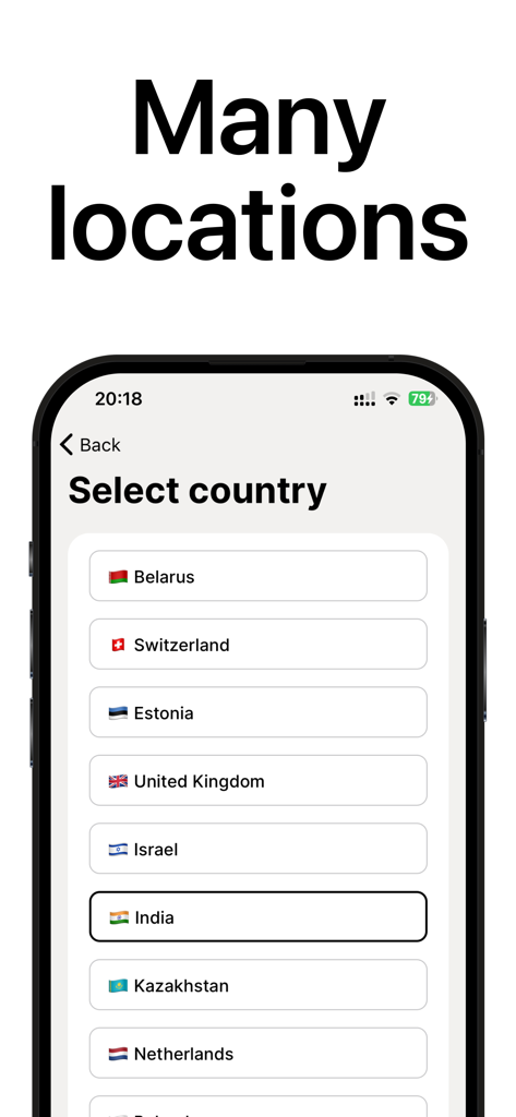 Home VPN: Fast Unlimited Proxy - Home VPN app screen displaying a list of available server countries including Belarus Switzerland and India