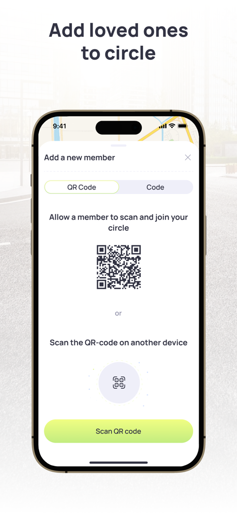 Interface for adding family members to a safety circle using a QR code