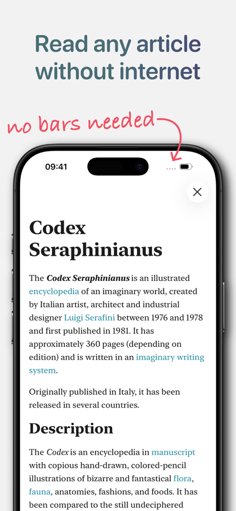 Omnipedia—Offline Encyclopedia - A smartphone displaying an encyclopedia article offline with no cellular signal bars.