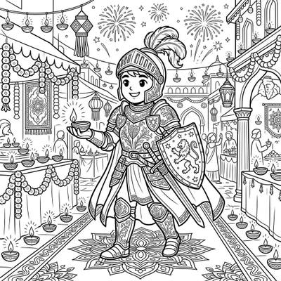 Discover an extraordinary coloring adventure where a valiant knight errant steps into the heart of a dazzling Diwali celebration. This unique design merges medieval bravery with the vibrant spirit of the festival of lights.