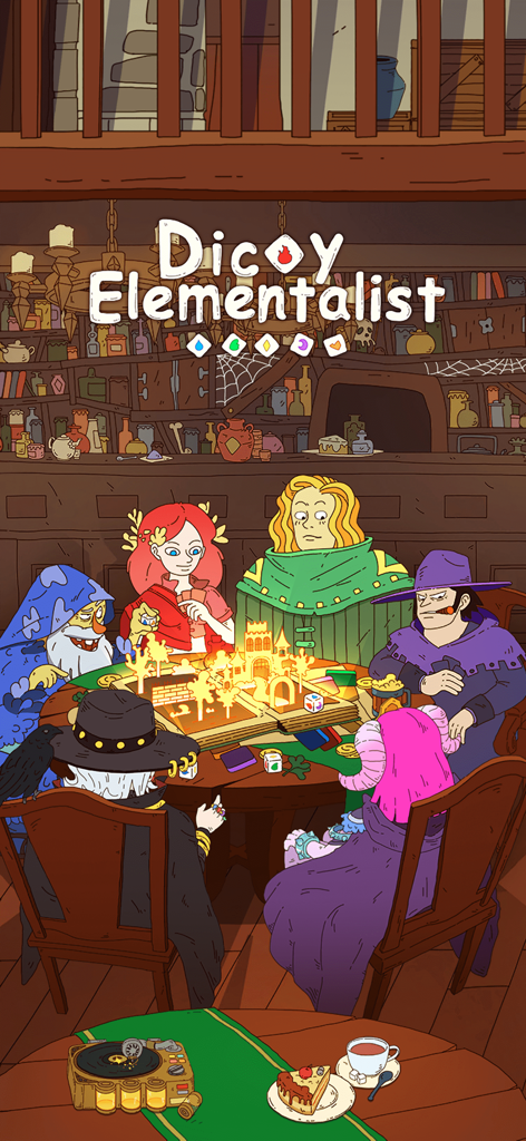 Dicey Elementalist - Whimsical fantasy heroes sitting around a tavern table playing a strategic dice game