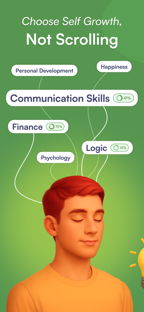 SmartyMeアプリのスクリーンショット。コミュニケーションスキルや金融などの教育トピックが男性の頭上に表示され、「スクロールするより自己成長を選ぼう」というキャプションが表示されています。