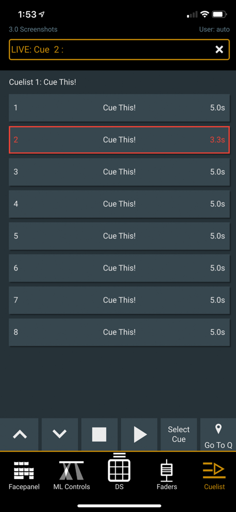 iRFR - BTS - iRFR BTS app cuelist interface displaying playback controls and lighting cue details
