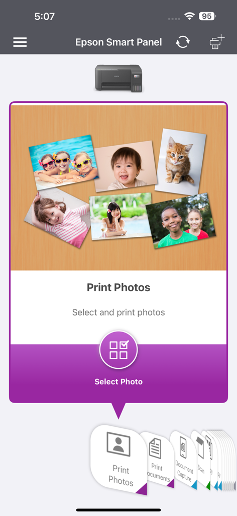 Epson Smart Panel app interface displaying the print photos feature with action tiles