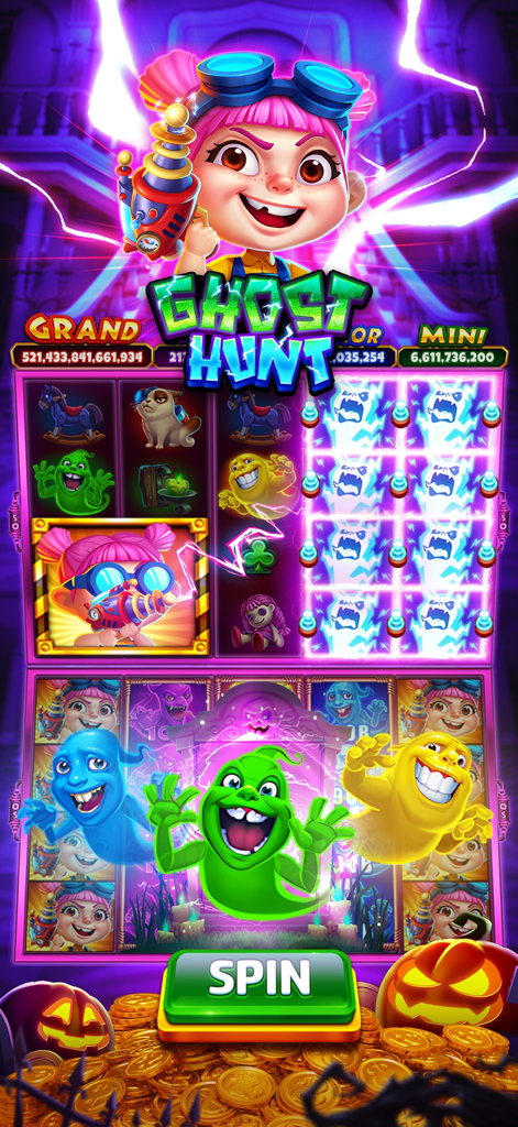 Ghost Hunt themed slot machine in Golden Casino featuring colorful ghosts and a large spin button