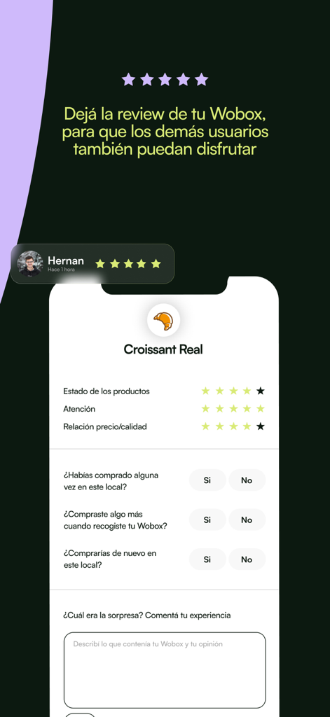 Wobox - A mobile screen from the Wobox app showing a user feedback form to rate store service and food quality