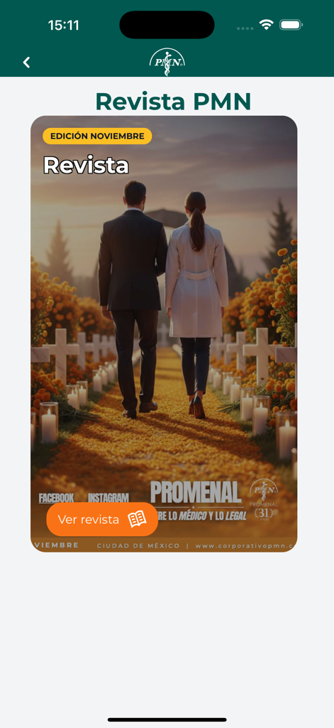 Interface of the PROMENAL APP showing the Revista PMN magazine section with the November edition cover.