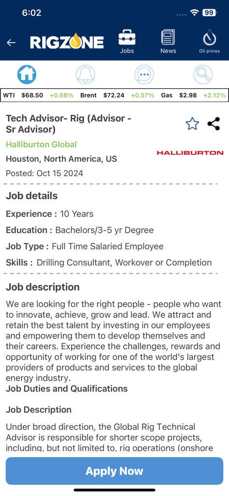 Rigzone app interface displaying a job posting for a Tech Advisor at Halliburton in Houston