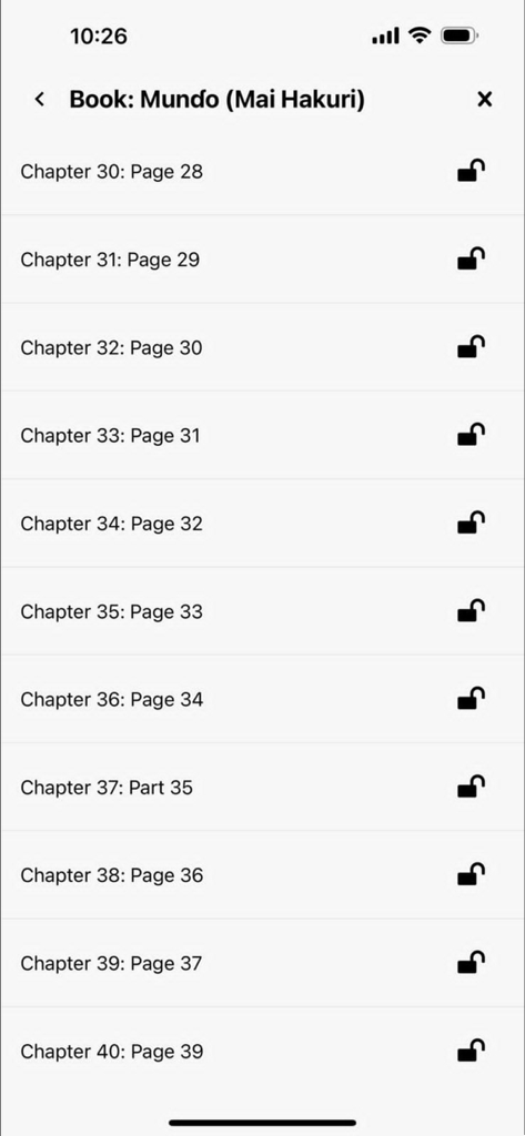 ArewaBooks - Un elenco di capitoli per il libro Mundo nell'app ArewaBooks con icone che mostrano la loro disponibilità