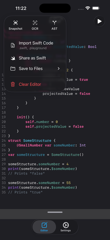 Swifty Compiler: Swift IDE - Interface of Swifty Compiler Swift IDE showing the code editor and a tools menu with OCR and AST options