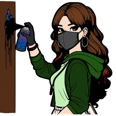 realistic girl with mask spray painting a wall