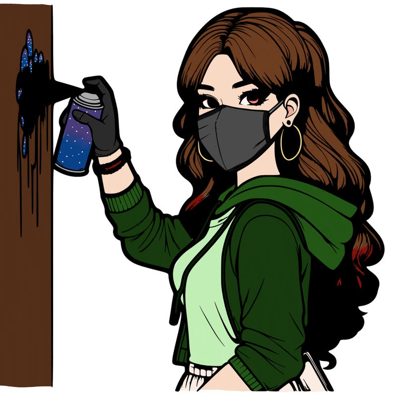 realistic girl with mask spray painting a wall