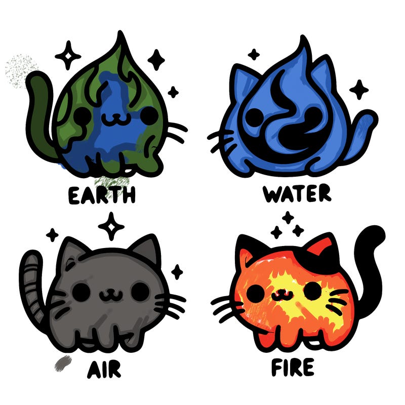 4 cats that represent the different elements, earth, water, air, and fire