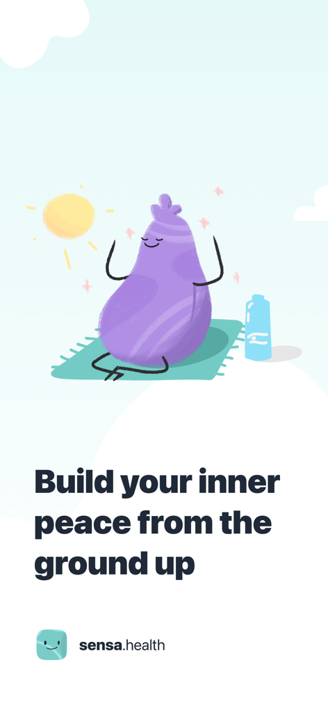 Sensa - Mental Coach - A cute illustration of a meditating character on a yoga mat with the text Build your inner peace from the ground up.