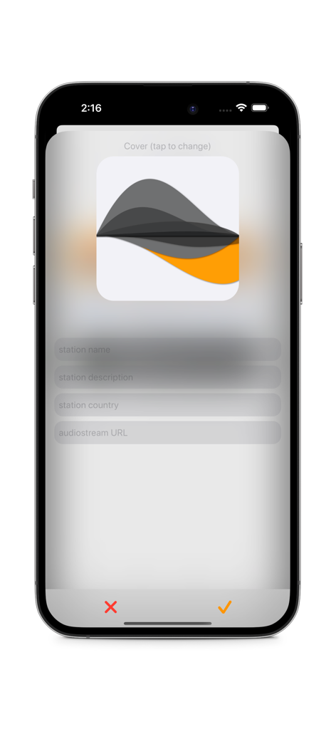vRadio Proアプリのインターフェース。ステーション名、説明、国、オーディオストリームURLなどのカスタムラジオ局を追加するフィールドが表示されています。