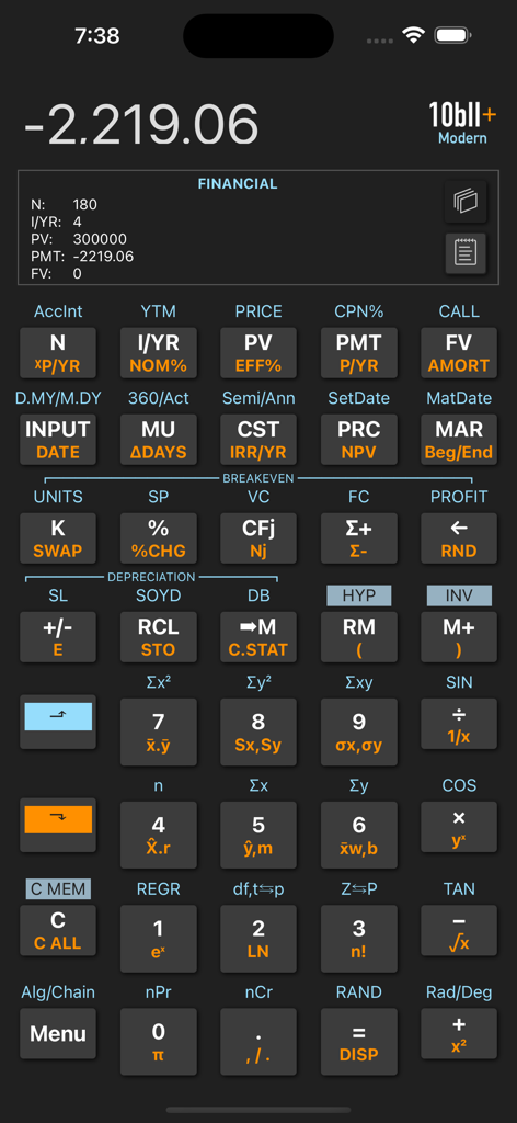 The user interface of the 10bII Plus financial calculator app showing the keypad and financial register view with calculated results