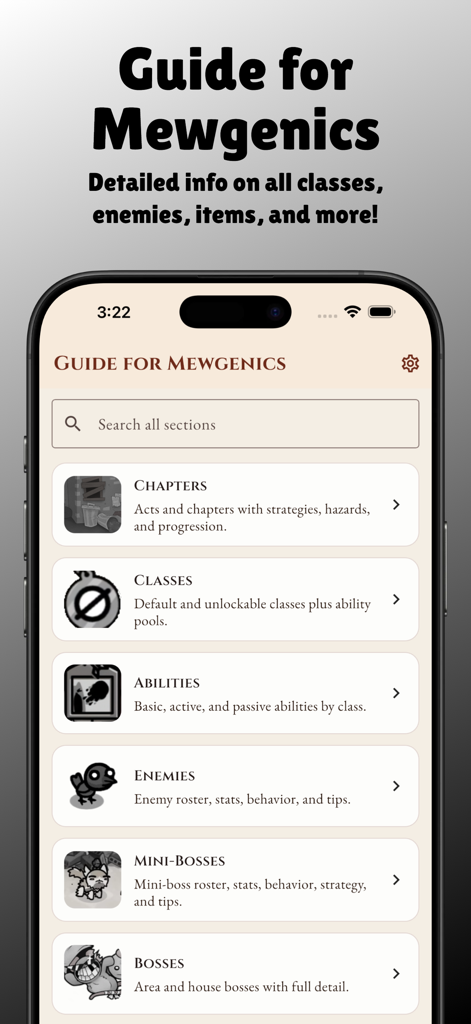 Guide for Mewgenics - 클래스, 적, 능력에 대한 링크가 있는 뮤제닉스 가이드 앱 메뉴를 보여주는 스마트폰