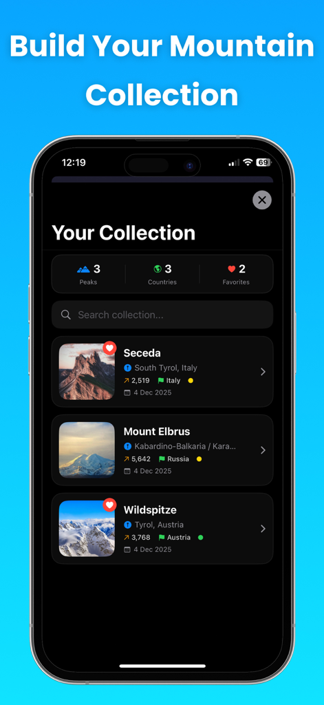 Mountain Identifier: Peak Lens - Pantalla de smartphone mostrando una colección personal de montañas identificadas con fotos y detalles
