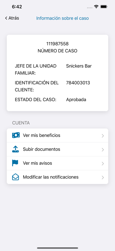 GA Gateway mobile app interface in Spanish showing case status and account menu options.